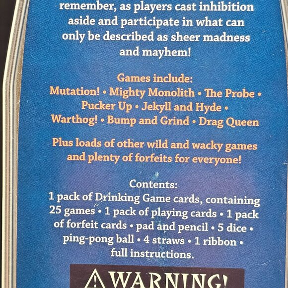 Utterly Outrageous Drinking Games bottle shaped tin box with 25 games dated 2007 - Picture 3 of 14